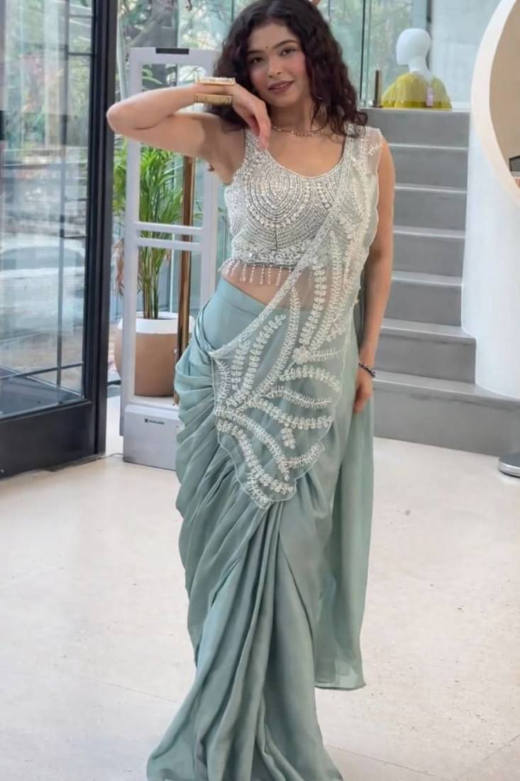 Pastel green ready-to-wear embroidered saree