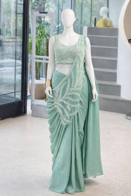 pastel green ready to wear embroidered saree 4