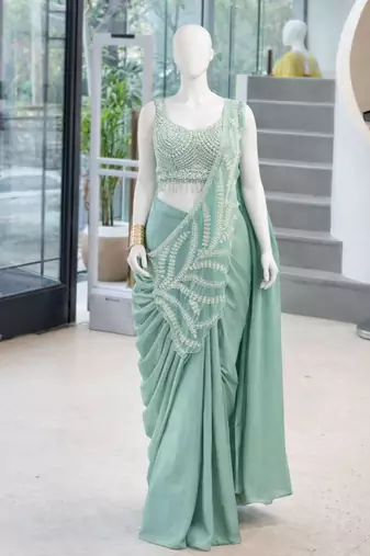 Pastel green ready to wear embroidered saree