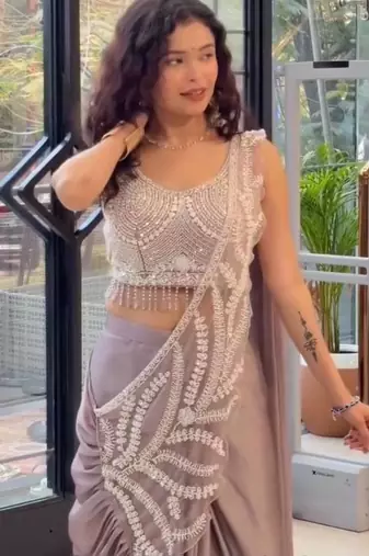 Lavender ready to wear embroidered saree