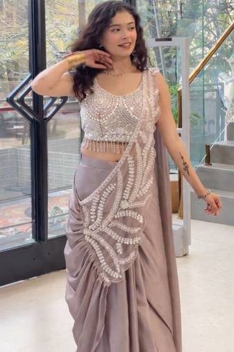 Lavender ready to wear embroidered saree