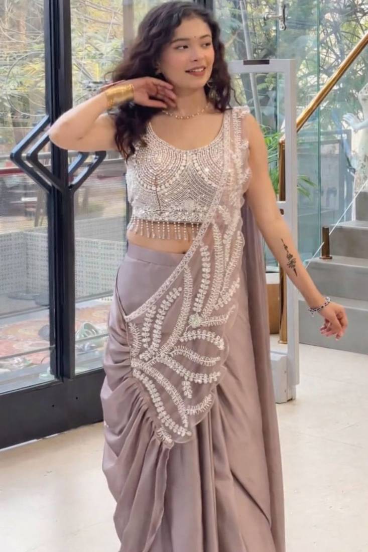 Lavender ready-to-wear embroidered saree