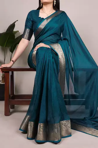 Teal blue silk blend saree