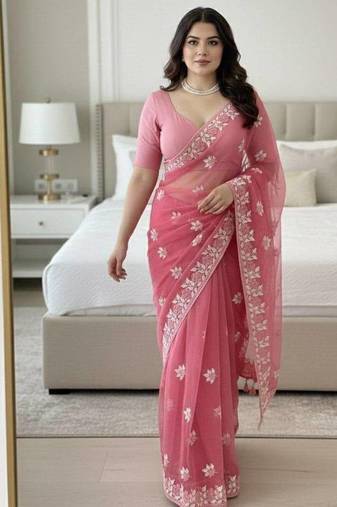 Rose pink embroidered saree