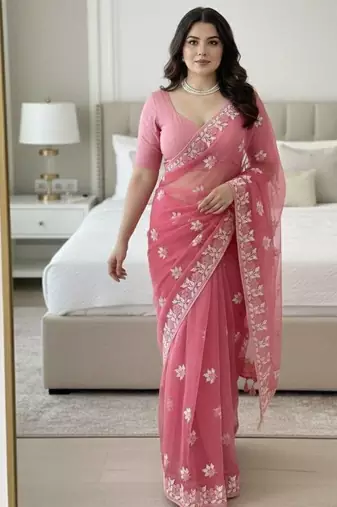 Rose pink embroidered saree