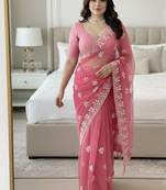 Rose pink embroidered saree