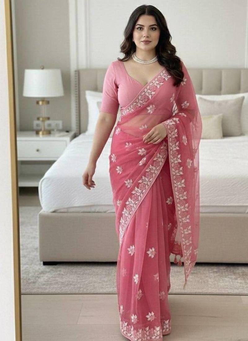 Rose pink embroidered saree