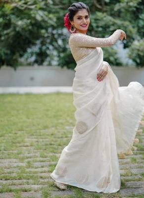 Off White linen saree with embroidered blouse 2