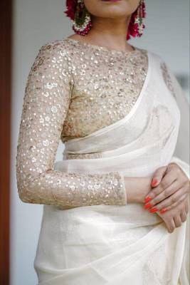 Off White linen saree with embroidered blouse 3