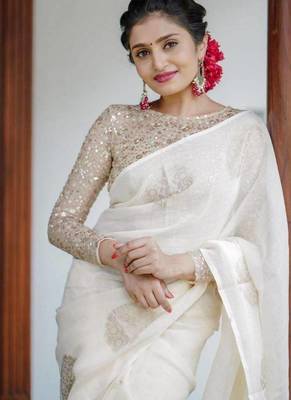 Off White linen saree with embroidered blouse 4