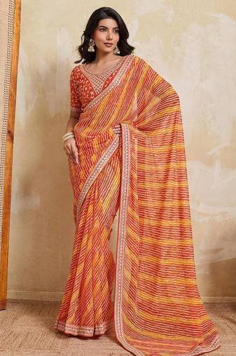 Orange leheriya printed embroidered saree