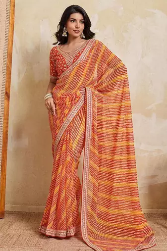Orange leheriya printed embroidered saree