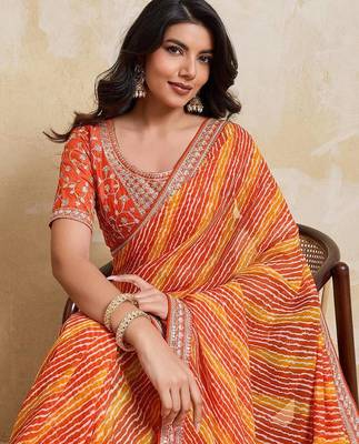 Orange leheriya printed embroidered saree 3
