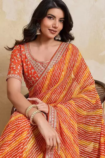 Orange leheriya printed embroidered saree