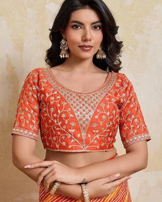 Orange leheriya printed embroidered saree 4