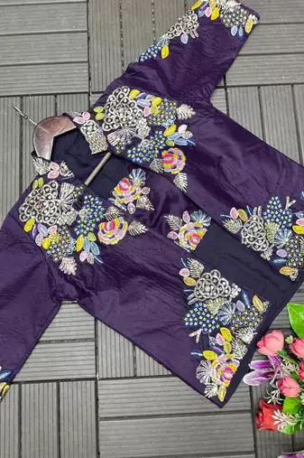 purple embroidered satin ready to wear saree