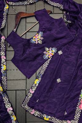 purple embroidered satin ready to wear saree 3