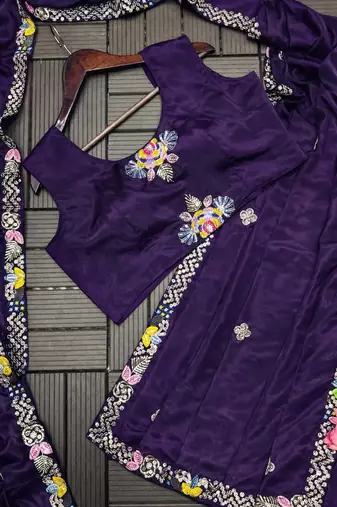 purple embroidered satin ready to wear saree