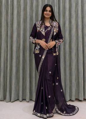 purple embroidered satin ready to wear saree 1