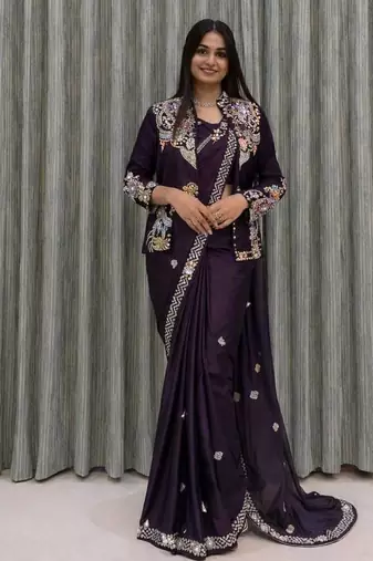 purple embroidered satin ready to wear saree