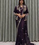 purple embroidered satin ready-to-wear saree