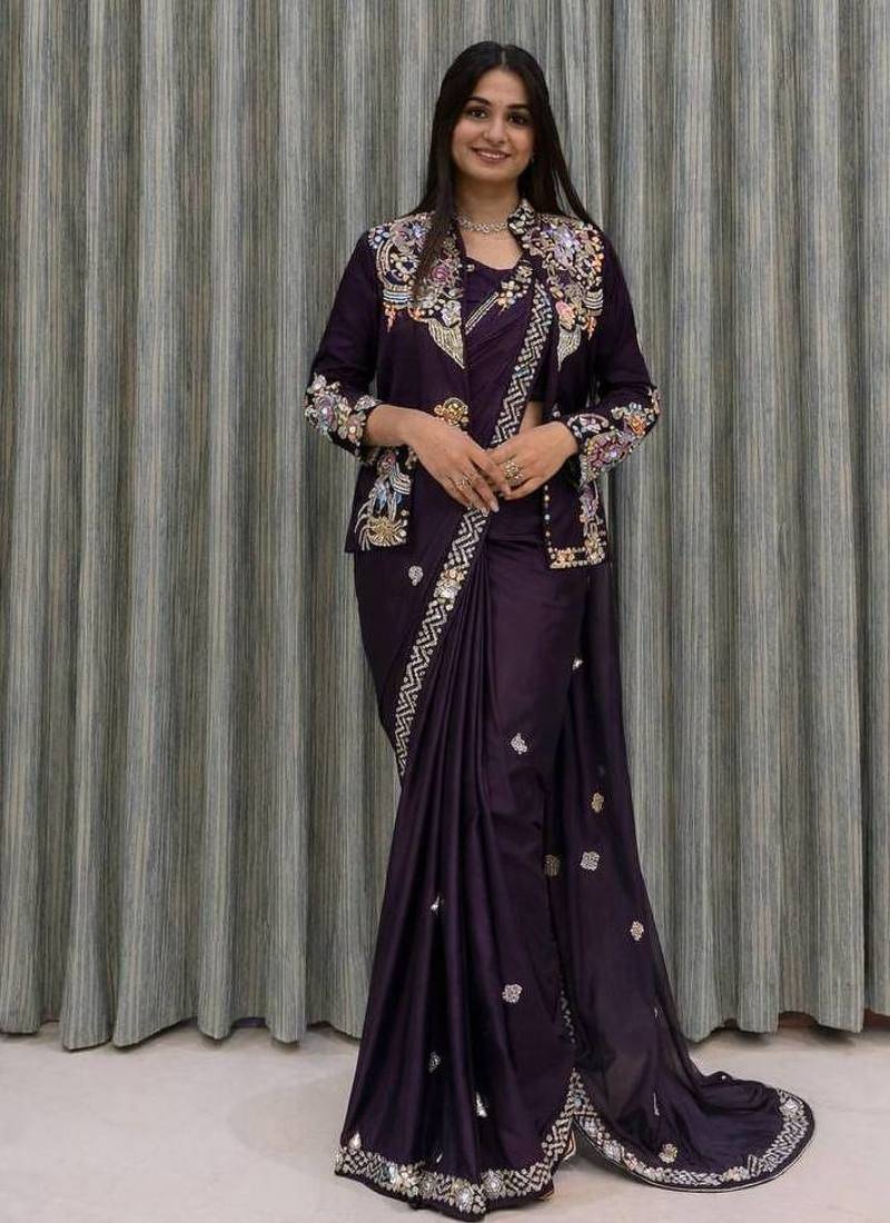 purple embroidered satin ready-to-wear saree