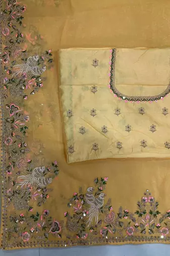 Yellow chiffon embroidered saree