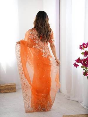 Orange organza embroidered saree 2