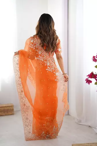 Orange organza embroidered saree
