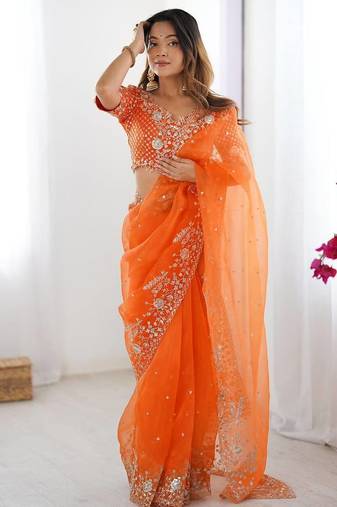 Orange organza embroidered saree