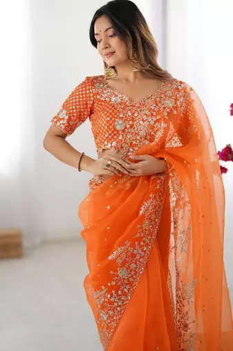 Orange organza embroidered saree