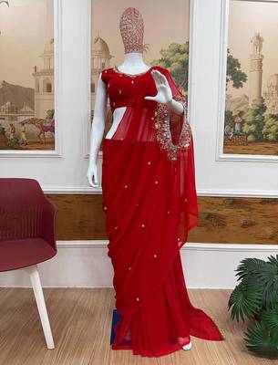 georgette two style draped saree with stitched blouse 1