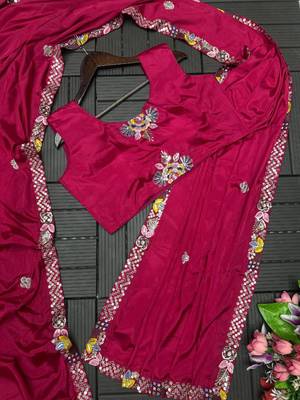 pink embroidered satin ready to wear saree 2