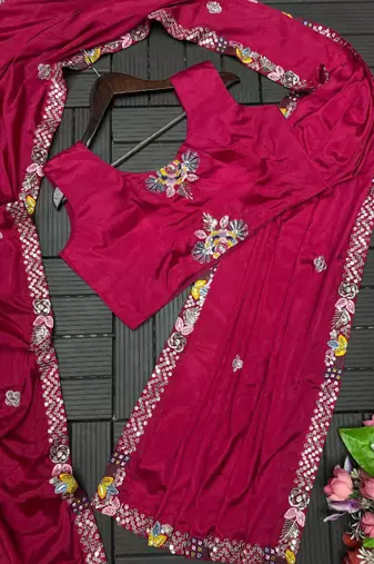 pink embroidered satin ready to wear saree 