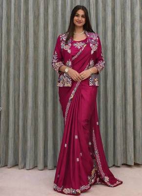pink embroidered satin ready to wear saree 1