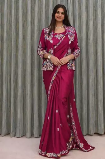 pink embroidered satin ready to wear saree 