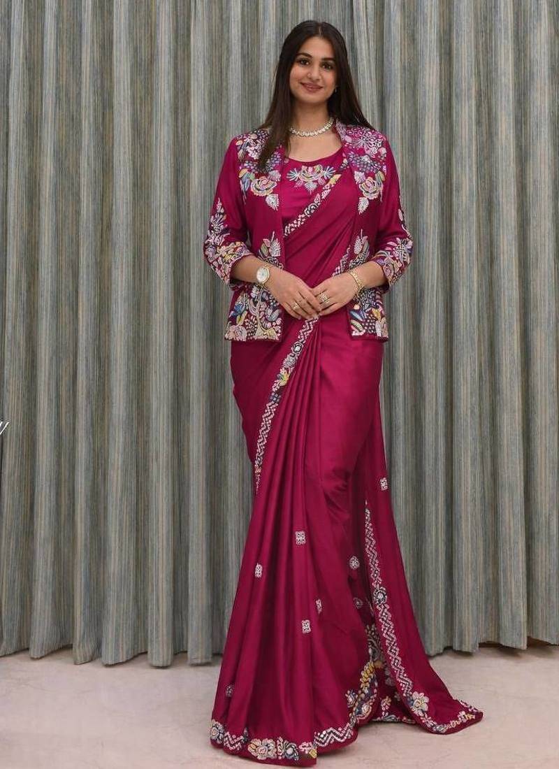 pink embroidered satin ready-to-wear saree 