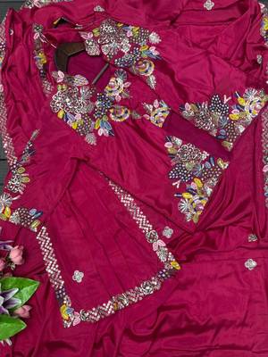 pink embroidered satin ready to wear saree 3
