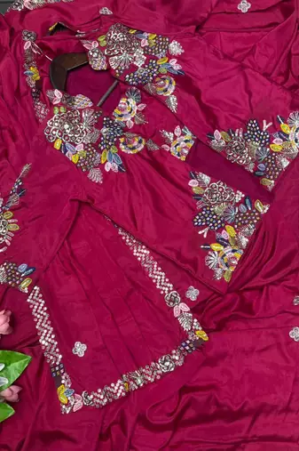 pink embroidered satin ready to wear saree 