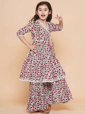 White red floral with green sleeves likely cotton angrakha-style top kurti with sharara / lehenga-style bottom set 2