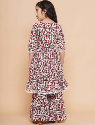 White red floral with green sleeves likely cotton angrakha-style top kurti with sharara / lehenga-style bottom set 3
