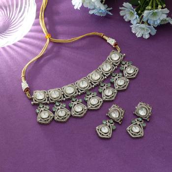 pista green color choker american diamond necklace set 1