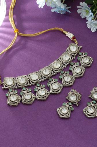 Pista green color choker american diamond necklace set