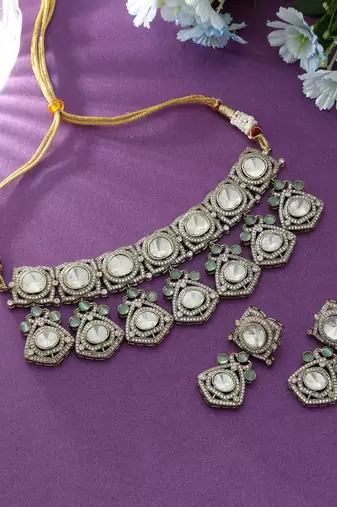 Pista green color choker american diamond necklace set