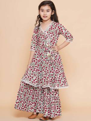 White red floral with green sleeves likely cotton angrakha-style top kurti with sharara / lehenga-style bottom set 4