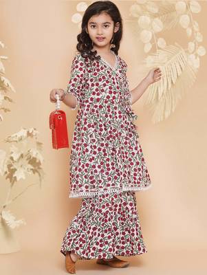 White red floral with green sleeves likely cotton angrakha-style top kurti with sharara / lehenga-style bottom set 5