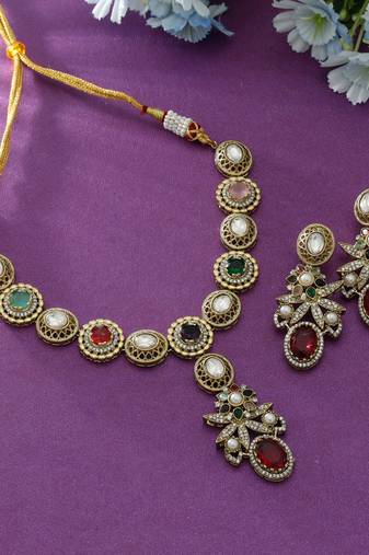 Multi color american diamond necklace set