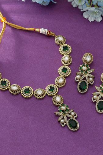 Green color american diamond necklace set