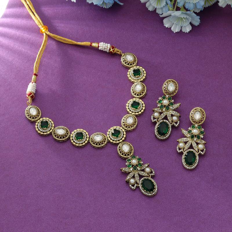 Green color american diamond necklace set
