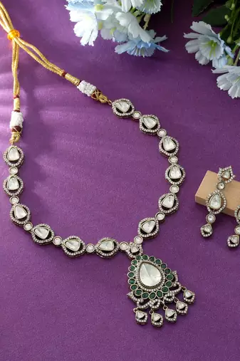 Green color american diamond necklace set